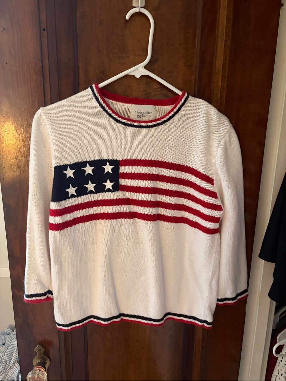 Christopher & Banks White Knit Crewneck Sweater with Red & Navy Flag Motif